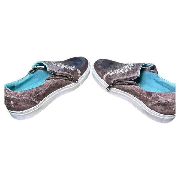 Corral Women’s Bone Crater Inlay Embroidered Leather Slip On Shoes 7 NWOB Brown