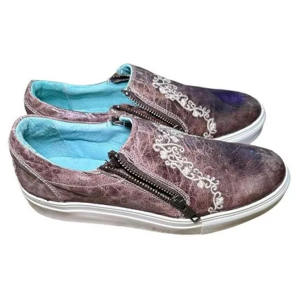 Corral Women’s Bone Crater Inlay Embroidered Leather Slip On Shoes 7 NWOB Brown