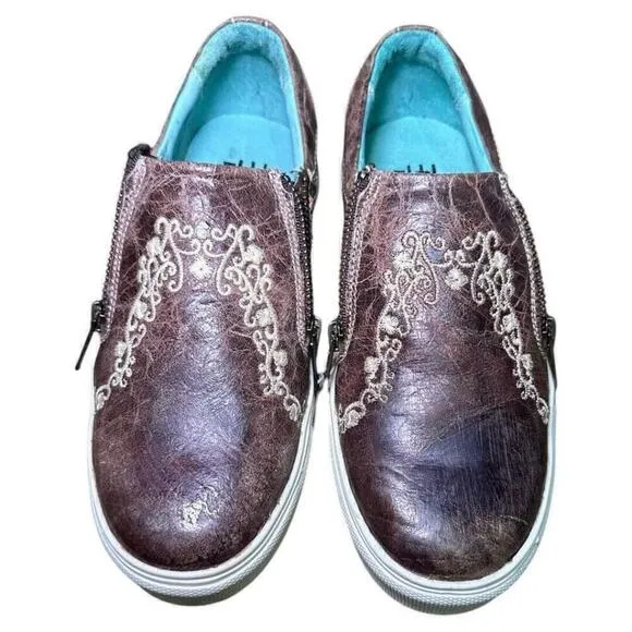 Corral Women’s Bone Crater Inlay Embroidered Leather Slip On Shoes 7 NWOB Brown