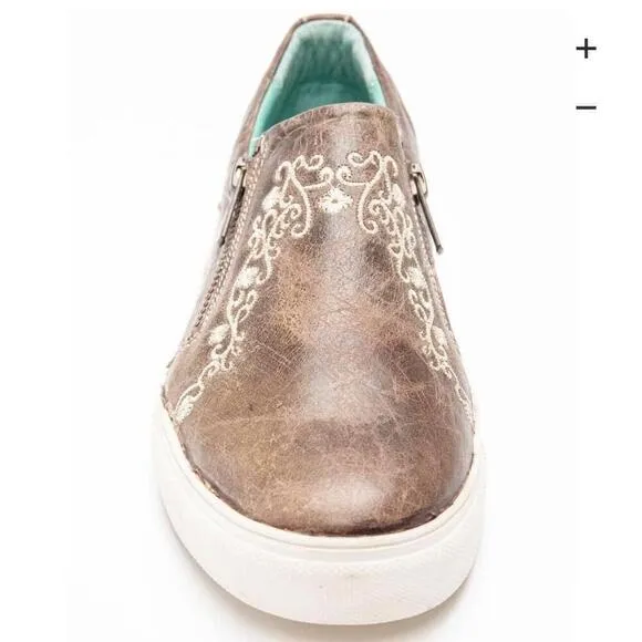 Corral Women’s Bone Crater Inlay Embroidered Leather Slip On Shoes 7 NWOB Brown