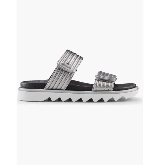 Cougar Nina Slide Sandals Metallic Silver Straps &amp; Black Footbed Women’s 8.5