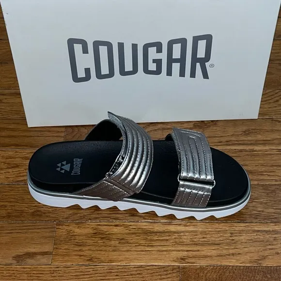 Cougar Nina Slide Sandals Metallic Silver Straps &amp; Black Footbed Women’s 8.5