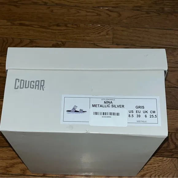 Cougar Nina Slide Sandals Metallic Silver Straps &amp; Black Footbed Women’s 8.5