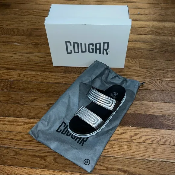 Cougar Nina Slide Sandals Metallic Silver Straps &amp; Black Footbed Women’s 8.5