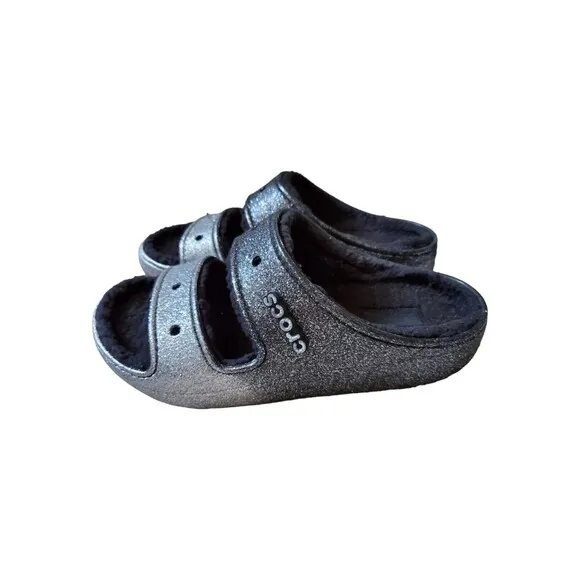Crocs Sandals Black Silver Classic Cozzzy Glitter Straps Women 11 Men 9 Fuzzy