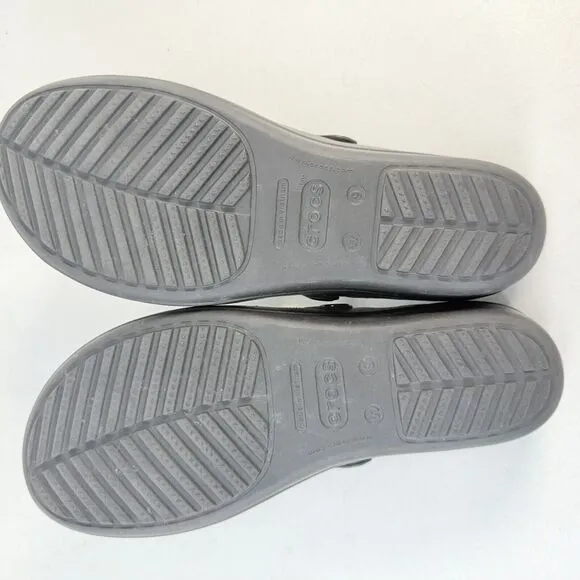 Crocs Sanrah Hammered Metallic Silver Circle Black Wedge Womens Sandals Size 9