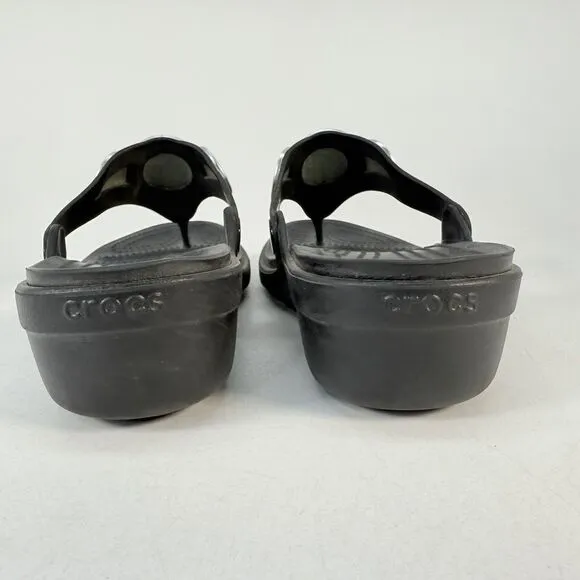 Crocs Sanrah Hammered Metallic Silver Circle Black Wedge Womens Sandals Size 9