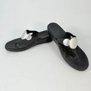 Crocs Sanrah Hammered Metallic Silver Circle Black Wedge Womens Sandals Size 9