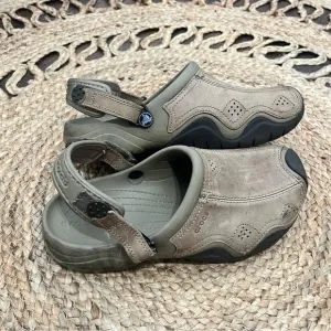 Crocs Swiftwater Men’s Size 8 Brown Leather Slingback Slip-On Clog Shoes 202368