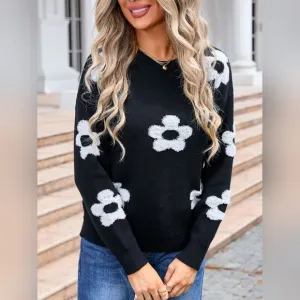 Daisy Raised Retro Contrasting Flower Pullover Long Sleeve Knit Sweater Shirt