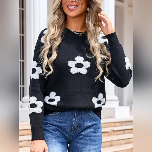 Daisy Raised Retro Contrasting Flower Pullover Long Sleeve Knit Sweater Shirt