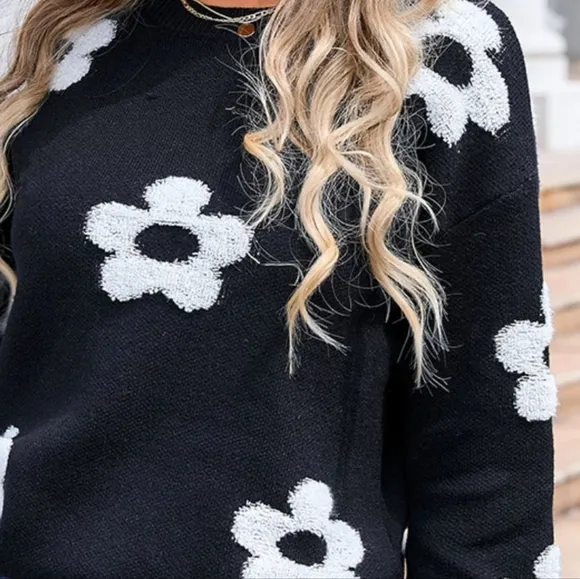 Daisy Raised Retro Contrasting Flower Pullover Long Sleeve Knit Sweater Shirt