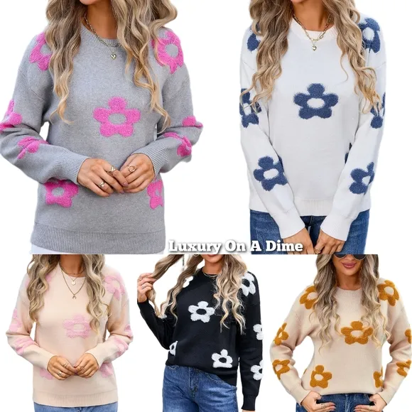 Daisy Raised Retro Contrasting Flower Pullover Long Sleeve Knit Sweater Shirt