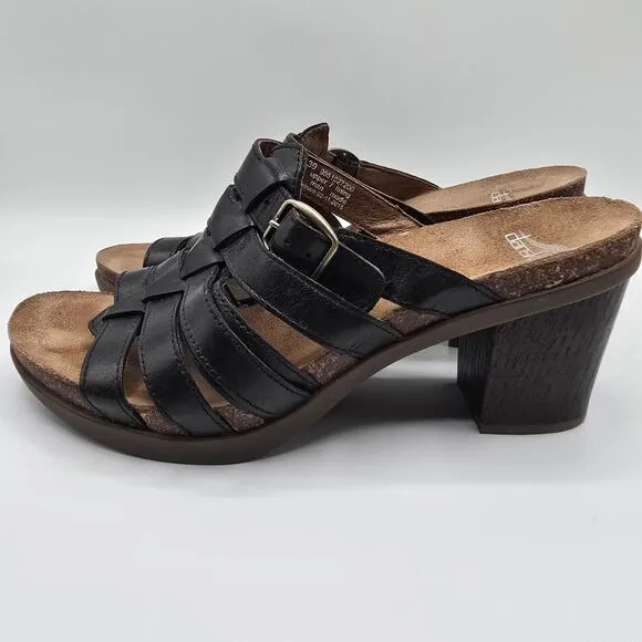 Dansko Dina black leather strappy chunky heels size 39 sandals buckle faux wood