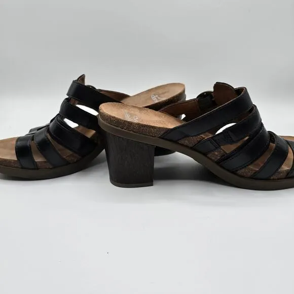 Dansko Dina black leather strappy chunky heels size 39 sandals buckle faux wood