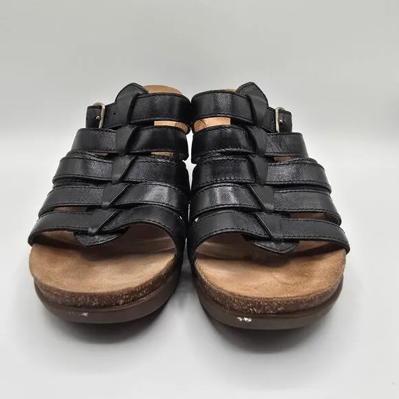 Dansko Dina black leather strappy chunky heels size 39 sandals buckle faux wood