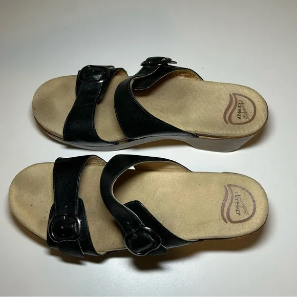 Dansko Sophie Sandals Women's 40 US 9.5 Slides Black Leather Wedge 9841022200