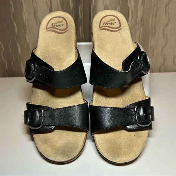 Dansko Sophie Sandals Women's 40 US 9.5 Slides Black Leather Wedge 9841022200