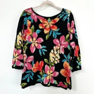David Brooks Hand-Knitted Floral Sweater Silk Cotton Blend Large Artwear Unique