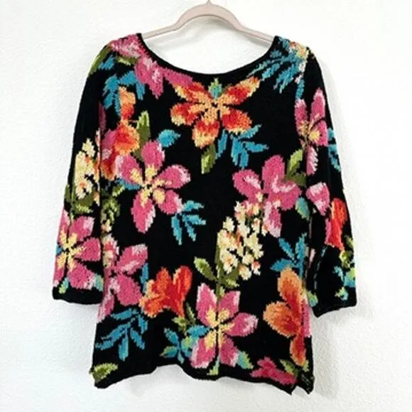 David Brooks Hand-Knitted Floral Sweater Silk Cotton Blend Large Artwear Unique