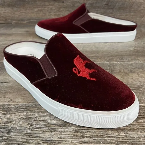 Del Toro Men's Red Velvet Embroidered Bull Slip-On Made In Italy Shoes Sz 10