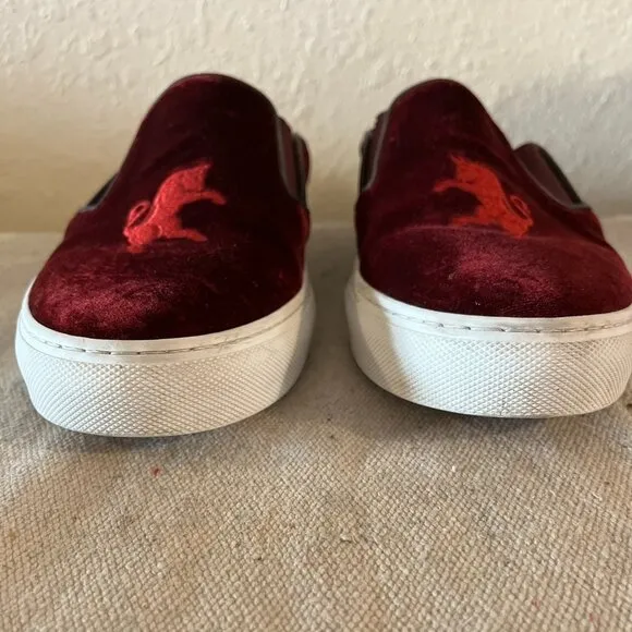 Del Toro Men's Red Velvet Embroidered Bull Slip-On Made In Italy Shoes Sz 10