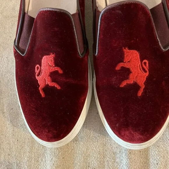 Del Toro Men's Red Velvet Embroidered Bull Slip-On Made In Italy Shoes Sz 10