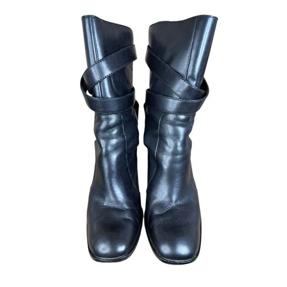 Diane von Furstenberg Black Leather Ankle Boots 8.5M Strappy Block Heel