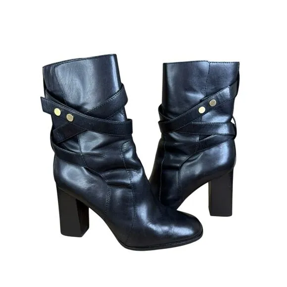 Diane von Furstenberg Black Leather Ankle Boots 8.5M Strappy Block Heel