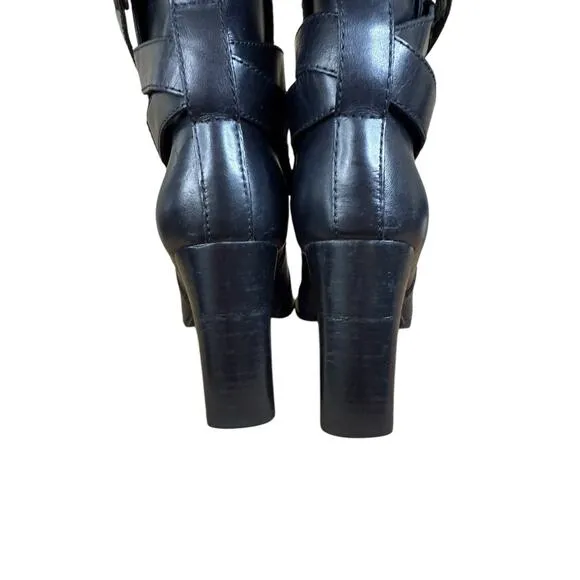 Diane von Furstenberg Black Leather Ankle Boots 8.5M Strappy Block Heel