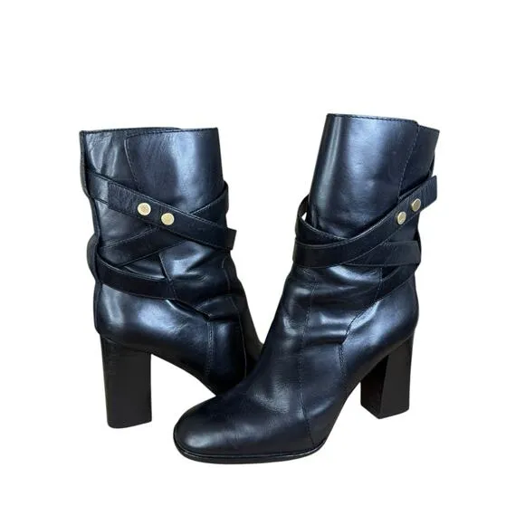 Diane von Furstenberg Black Leather Ankle Boots 8.5M Strappy Block Heel