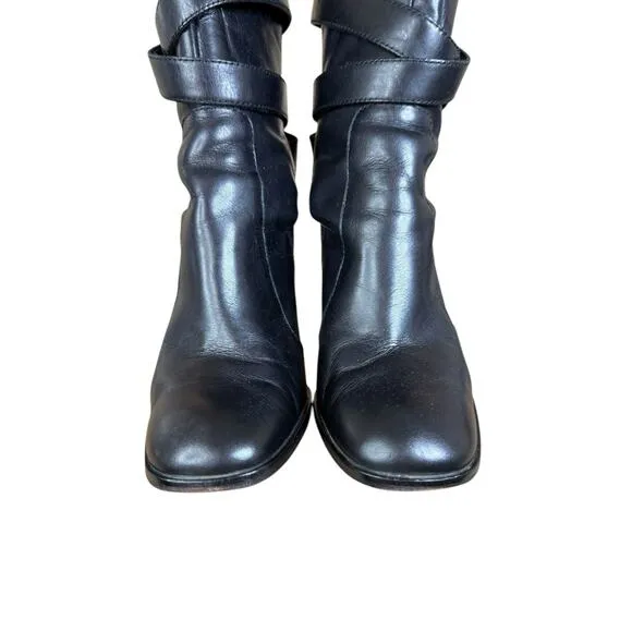 Diane von Furstenberg Black Leather Ankle Boots 8.5M Strappy Block Heel