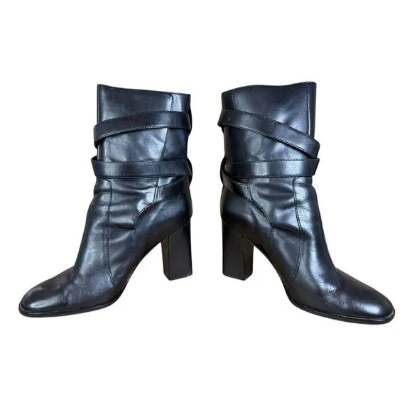 Diane von Furstenberg Black Leather Ankle Boots 8.5M Strappy Block Heel