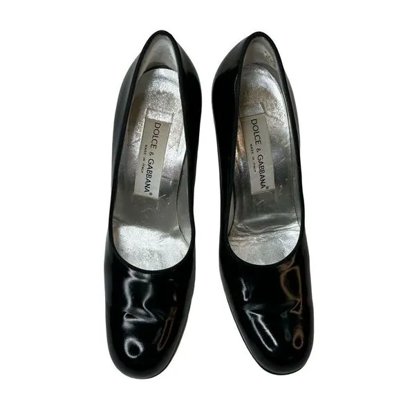 Dolce &amp; Gabbana 1990’s Patent Black Round Toe Shaped Heel Size 36.5 EU 6.5 US