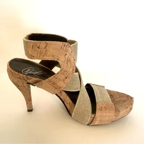 Donald J. Pliner Tan High-Heeled Cork Sandals with Elastic Straps Size 7.5