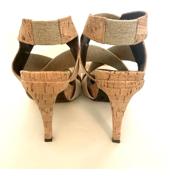Donald J. Pliner Tan High-Heeled Cork Sandals with Elastic Straps Size 7.5