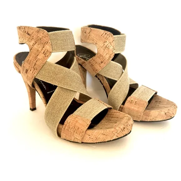 Donald J. Pliner Tan High-Heeled Cork Sandals with Elastic Straps Size 7.5
