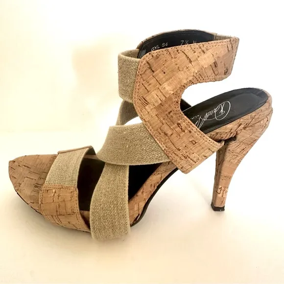Donald J. Pliner Tan High-Heeled Cork Sandals with Elastic Straps Size 7.5