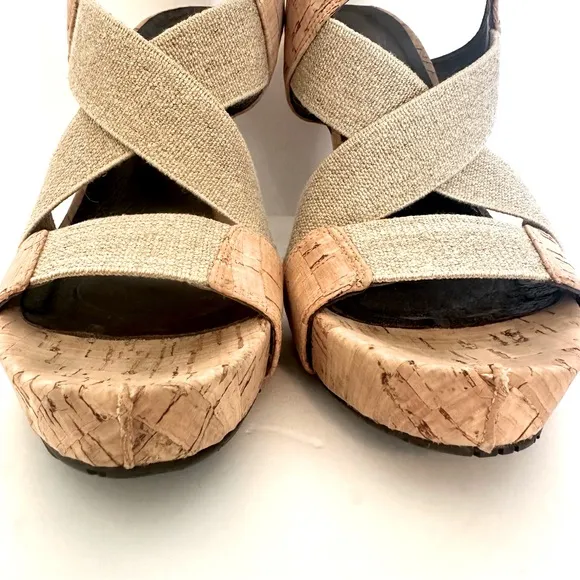 Donald J. Pliner Tan High-Heeled Cork Sandals with Elastic Straps Size 7.5