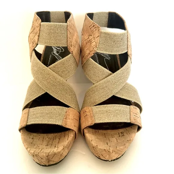 Donald J. Pliner Tan High-Heeled Cork Sandals with Elastic Straps Size 7.5