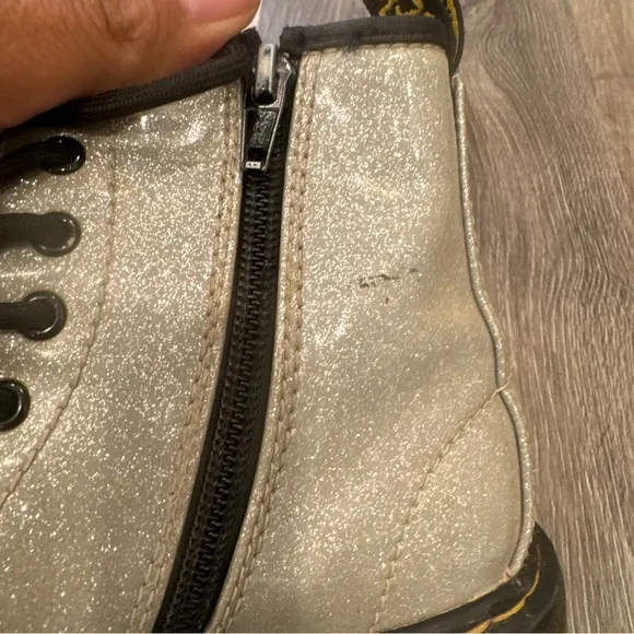Dr Martens 1460 Silver Glitter Combat Boots Girls 1 8 Eye Lace Up Shoes Chunky