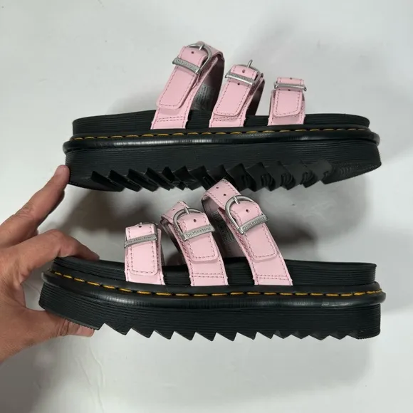 Dr. Martens Blaire Pink Strappy Leather Chunky Platform Slide Sandals Women 8