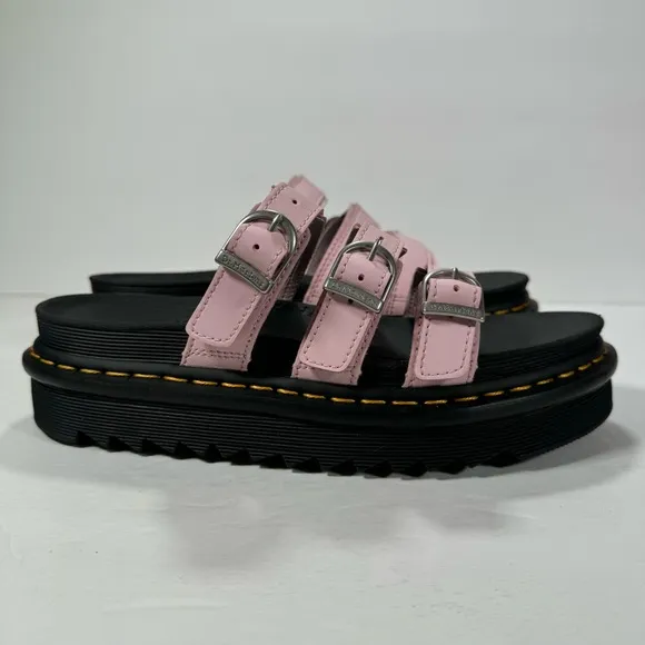 Dr. Martens Blaire Pink Strappy Leather Chunky Platform Slide Sandals Women 8