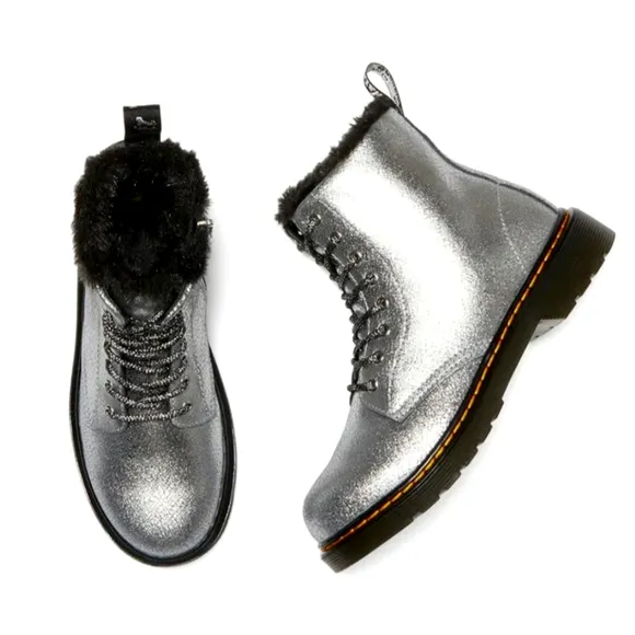 Dr Martens Boots Metallic Silver Foiled Leather Lace Up Fur Lined Shoes Kids 8