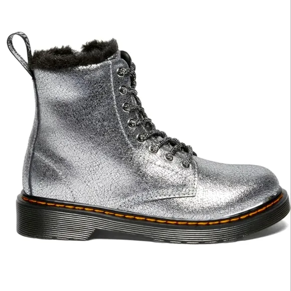 Dr Martens Boots Metallic Silver Foiled Leather Lace Up Fur Lined Shoes Kids 8