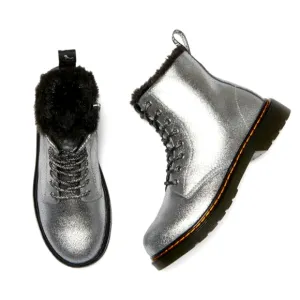Dr Martens Boots Metallic Silver Foiled Leather Lace Up Fur Lined Shoes Kids 8