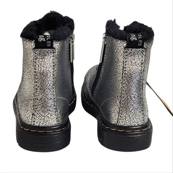 Dr Martens Boots Metallic Silver Foiled Leather Lace Up Fur Lined Shoes Kids 8