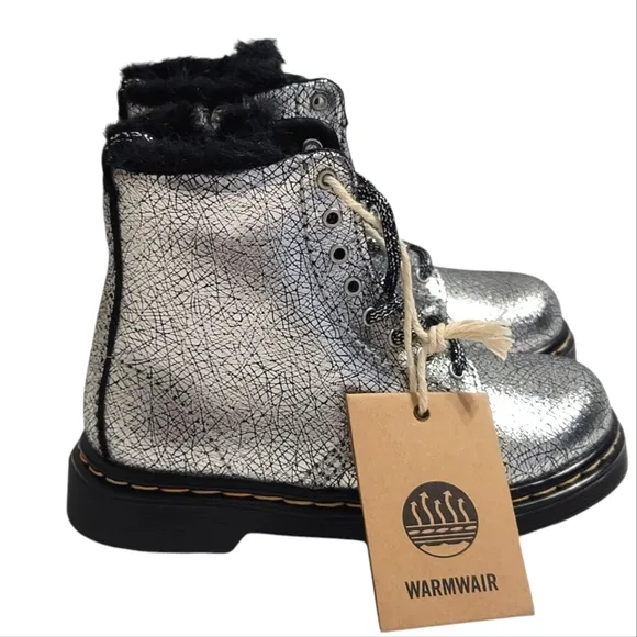 Dr Martens Boots Metallic Silver Foiled Leather Lace Up Fur Lined Shoes Kids 8