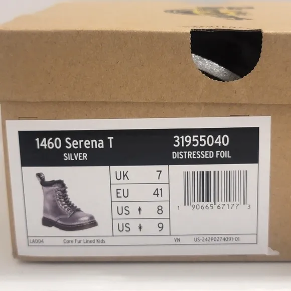 Dr Martens Boots Metallic Silver Foiled Leather Lace Up Fur Lined Shoes Kids 8