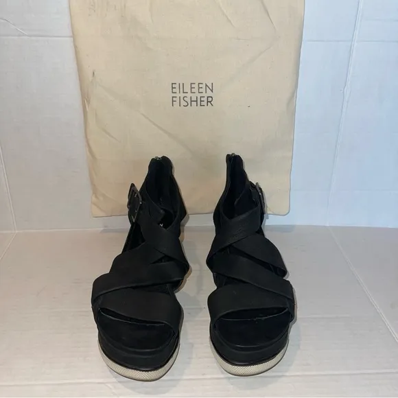 Eileen Fisher Boost Wedge Black Platform Sandal Sz 7.5